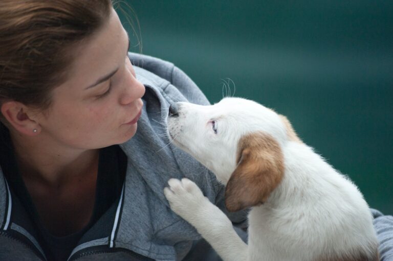 Woman affectionately looking at a small puppy